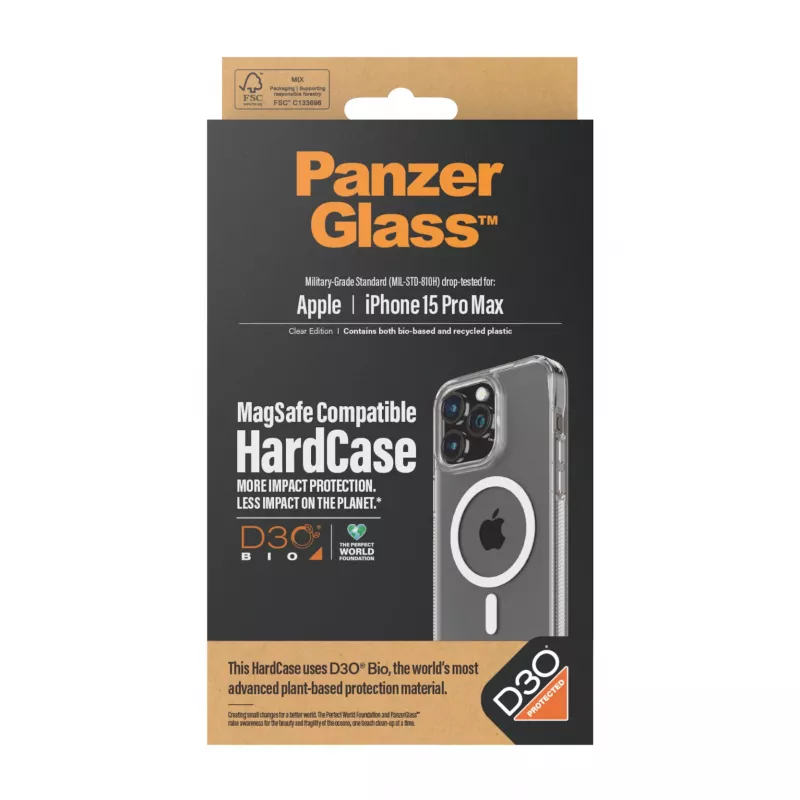 PanzerGlass ® HardCase läbipaistev valge MagSafe ja D3O®-ga iPhone 15 Pro Max