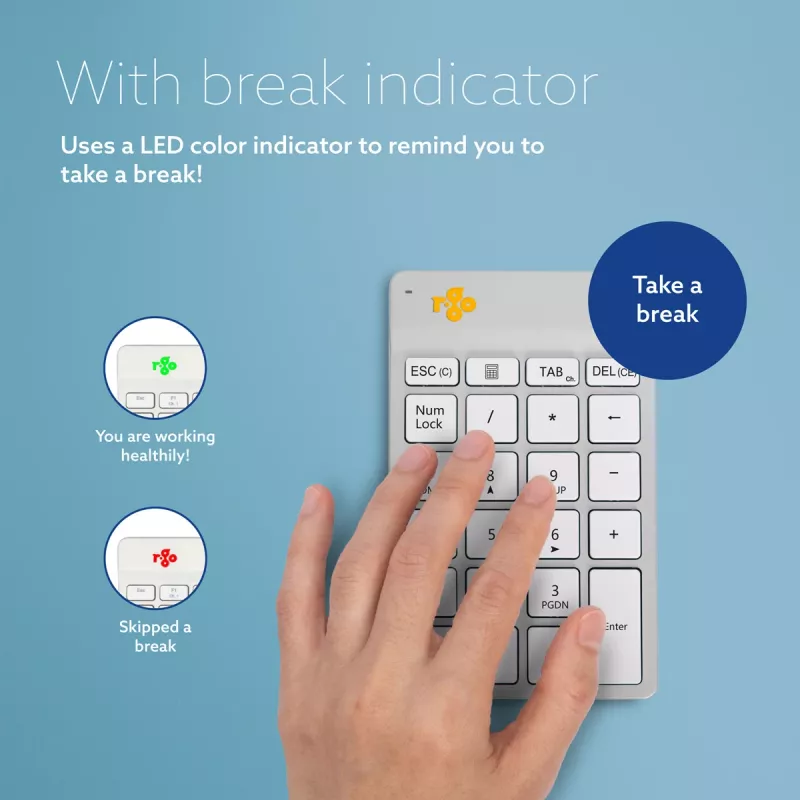R-Go Tools numbriklahvistik R-Go Numpad Break, ergonoomiline numbriklahvistik koos pausitarkvaraga, bluetooth, valge