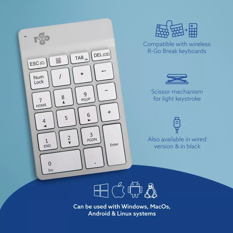 R-Go Tools numbriklahvistik R-Go Numpad Break, ergonoomiline numbriklahvistik koos pausitarkvaraga, bluetooth, valge