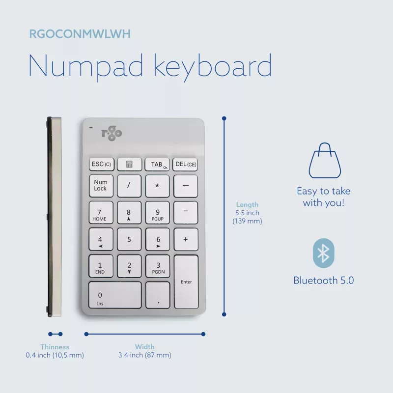 R-Go Tools numbriklahvistik R-Go Numpad Break, ergonoomiline numbriklahvistik koos pausitarkvaraga, bluetooth, valge
