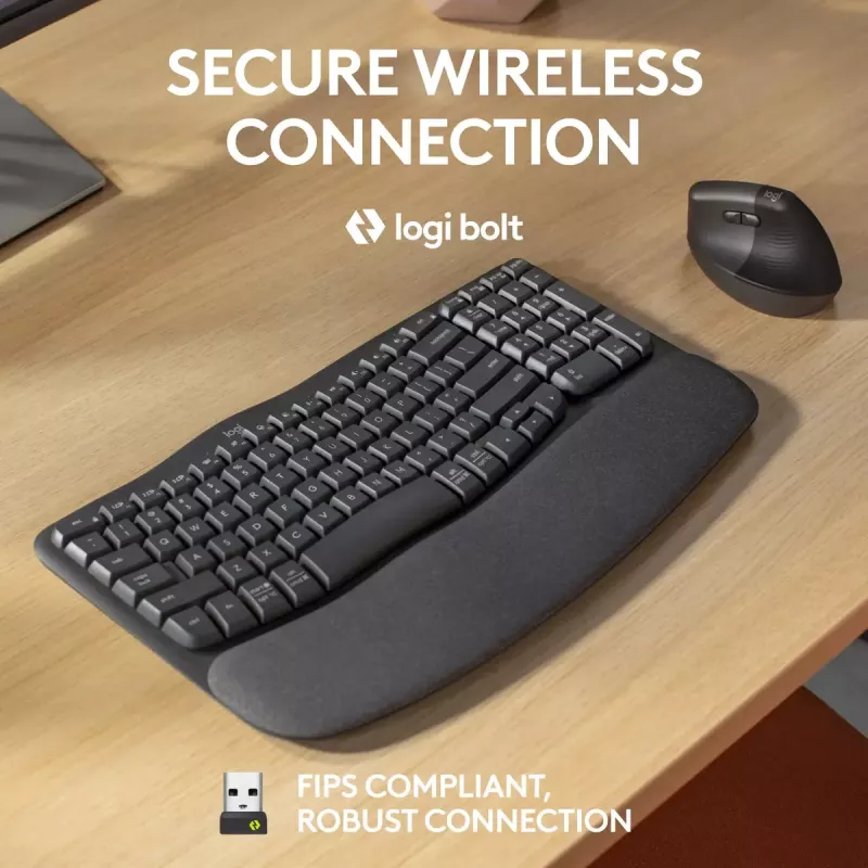 Logitech Wave Keys for Business ergonoomiline klaviatuur, täissuuruses, juhtmevaba