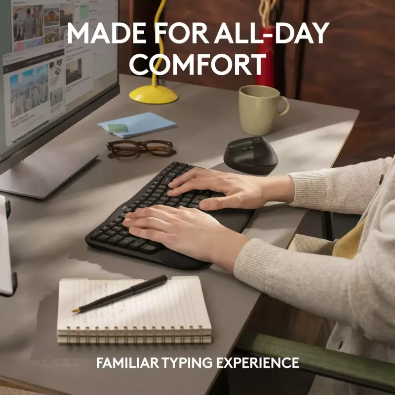 Logitech Wave Keys for Business ergonoomiline klaviatuur, täissuuruses, juhtmevaba