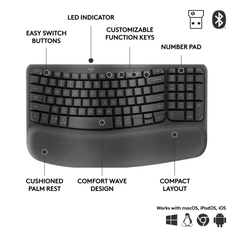 Logitech Wave Keys for Business ergonoomiline klaviatuur, täissuuruses, juhtmevaba