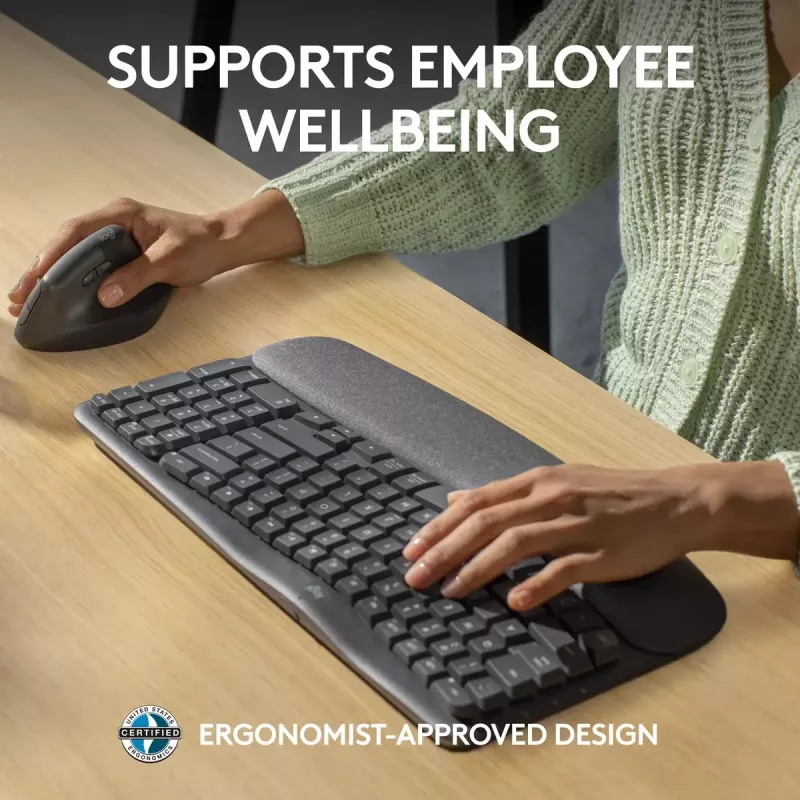 Logitech Wave Keys for Business ergonoomiline klaviatuur, täissuuruses, juhtmevaba
