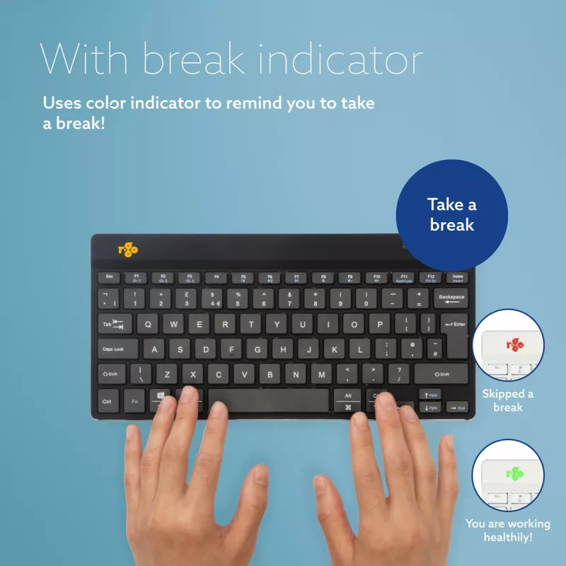 R-Go Tools Ergonoomiline klaviatuur R-Go Compact Break, kompaktne klaviatuur pausitarkvaraga, QWERTZ (DE), Bluetooth, must