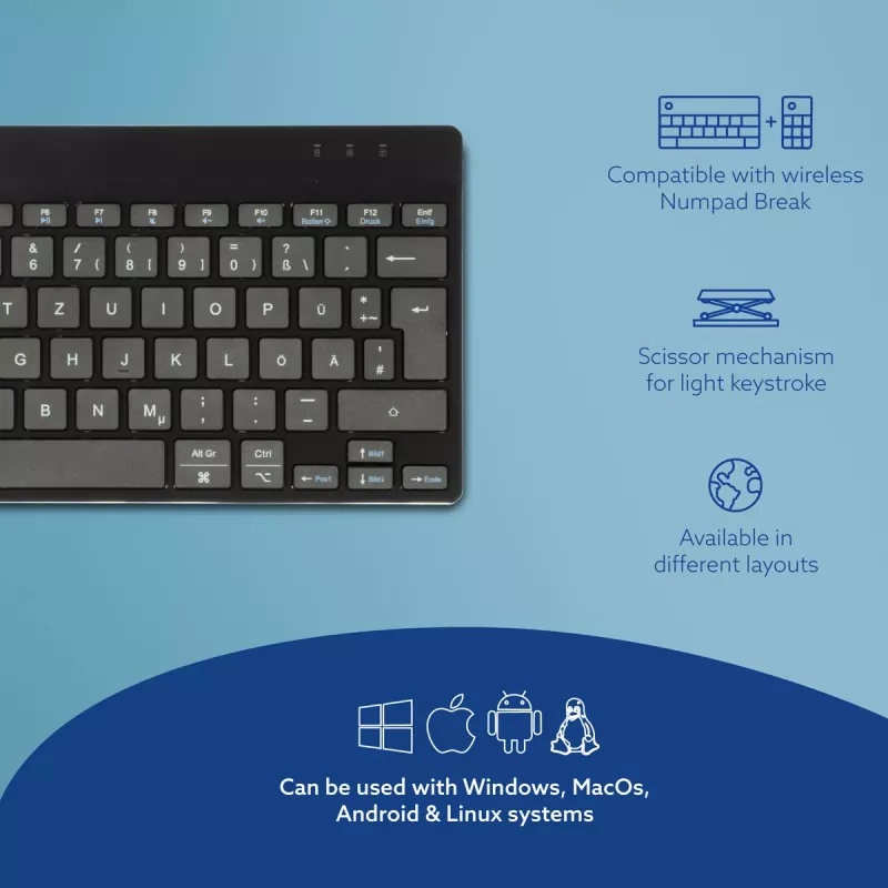 R-Go Tools Ergonoomiline klaviatuur R-Go Compact Break, kompaktne klaviatuur pausitarkvaraga, QWERTZ (DE), Bluetooth, must