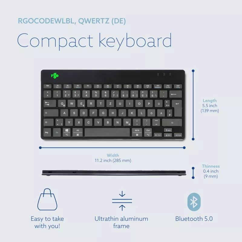 R-Go Tools Ergonoomiline klaviatuur R-Go Compact Break, kompaktne klaviatuur pausitarkvaraga, QWERTZ (DE), Bluetooth, must