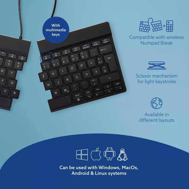 R-Go Tools Ergonoomiline klaviatuur R-Go Split Break pausitarkvaraga, ergonoomiline poolitatud klaviatuur, QWERTZ (DE), Bluetooth, must