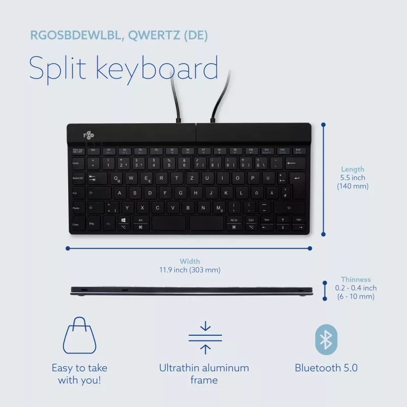 R-Go Tools Ergonoomiline klaviatuur R-Go Split Break pausitarkvaraga, ergonoomiline poolitatud klaviatuur, QWERTZ (DE), Bluetooth, must