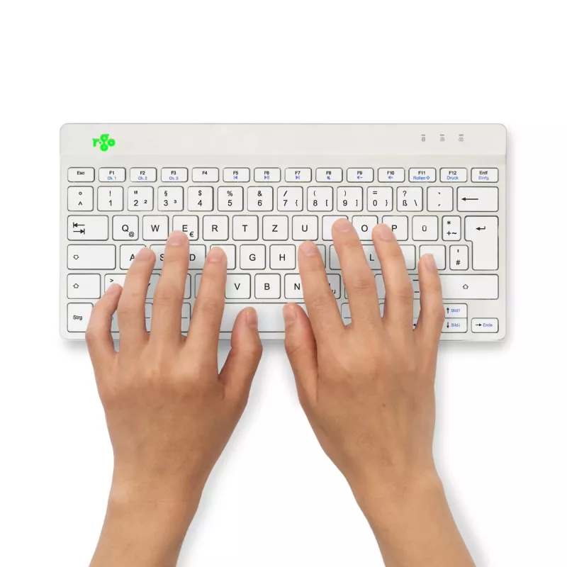 R-Go Tools Ergonoomiline klaviatuur R-Go Compact Break, kompaktklaviatuur pausitarkvaraga, QWERTZ (DE), Bluetooth, valge