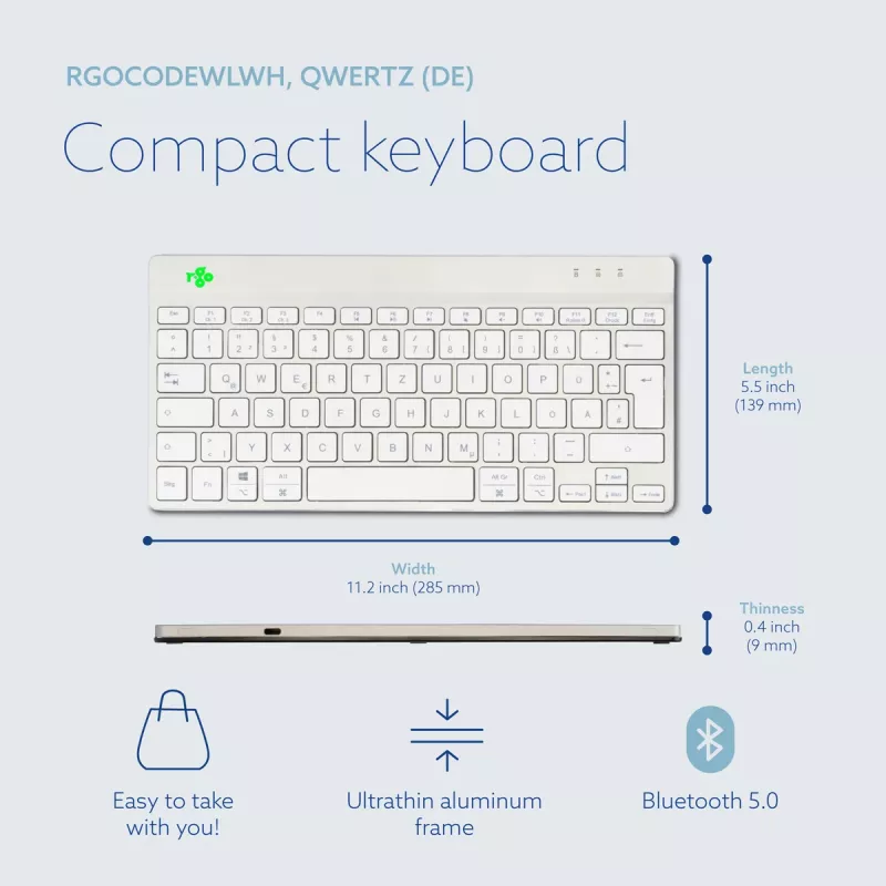 R-Go Tools Ergonoomiline klaviatuur R-Go Compact Break, kompaktklaviatuur pausitarkvaraga, QWERTZ (DE), Bluetooth, valge