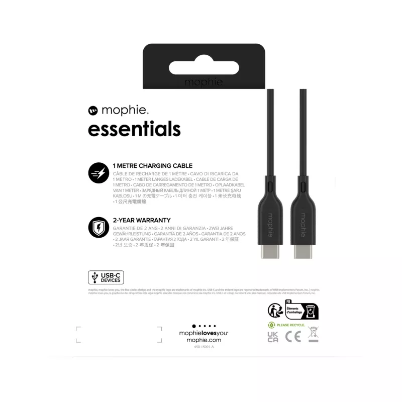 USB-C to USB-C laadimiskaabel 1 m — Zagg International mophie essentials, USB 2.0, Must