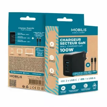 Ravanson Mobilis Charger 100W GaN 2×USB‑C + 1×USB‑A AC indoor — sülearvutile, nutitelefonile, tahvelarvutile — must