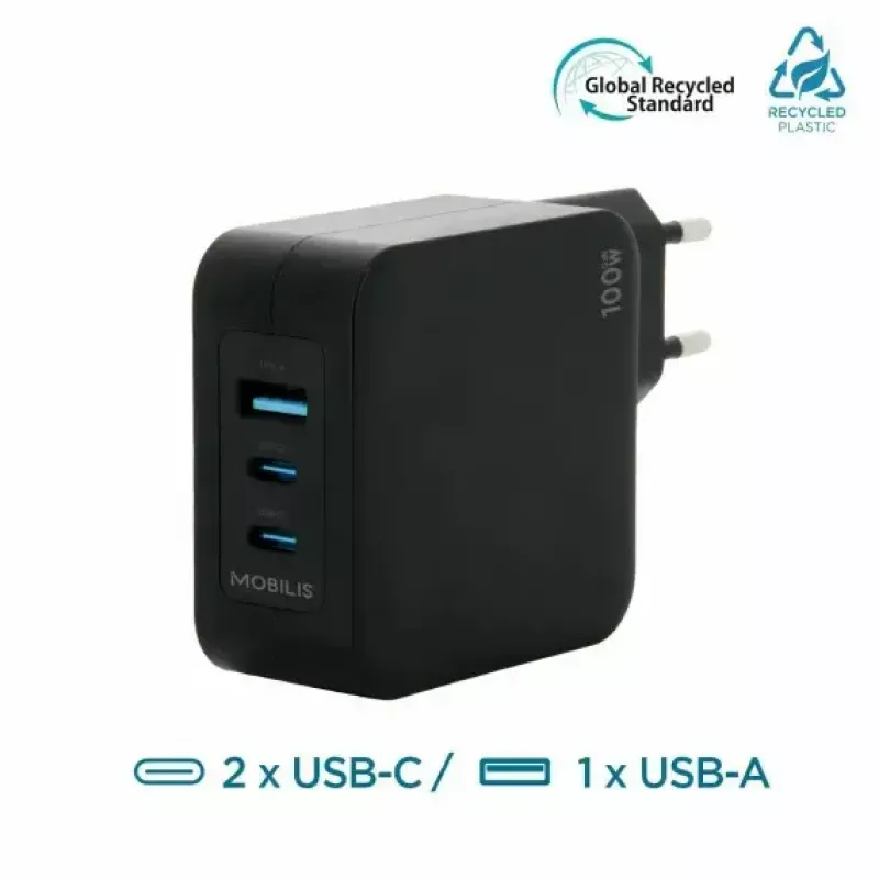 Ravanson Mobilis Charger 100W GaN 2×USB‑C + 1×USB‑A AC indoor — sülearvutile, nutitelefonile, tahvelarvutile — must