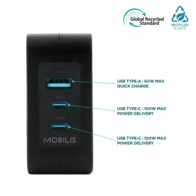 Ravanson Mobilis Charger 100W GaN 2×USB‑C + 1×USB‑A AC indoor — sülearvutile, nutitelefonile, tahvelarvutile — must