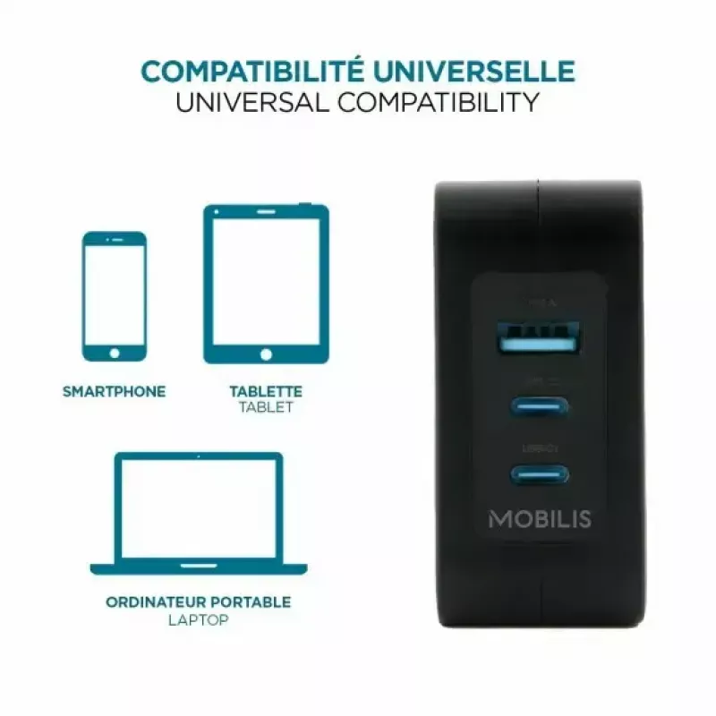 Ravanson Mobilis Charger 100W GaN 2×USB‑C + 1×USB‑A AC indoor — sülearvutile, nutitelefonile, tahvelarvutile — must