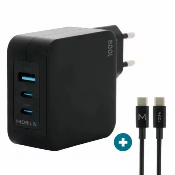 Ravanson Mobilis Charger 100W GaN 2×USB‑C + 1×USB‑A AC indoor — sülearvutile, nutitelefonile, tahvelarvutile — must