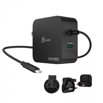 j5create 102W GaN PD USB-C 2-pordiline laadija vahetatavate vahelduvvoolupistikutega