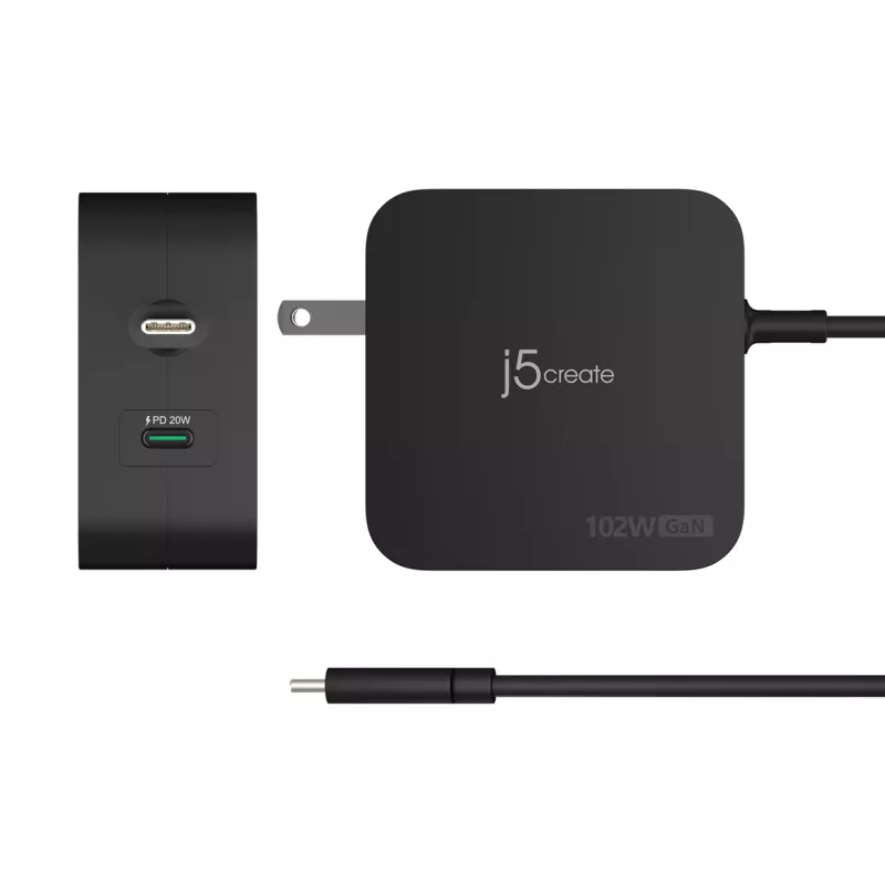 j5create 102W GaN PD USB-C 2-pordiline laadija vahetatavate vahelduvvoolupistikutega