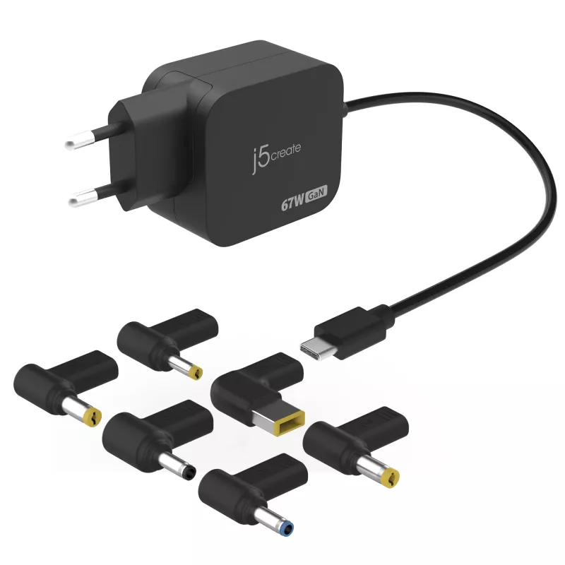 j5create JUP1565DC 67W GaN PD USB-C® minilaadur 6 tüüpi DC-pistikuga – EL, must