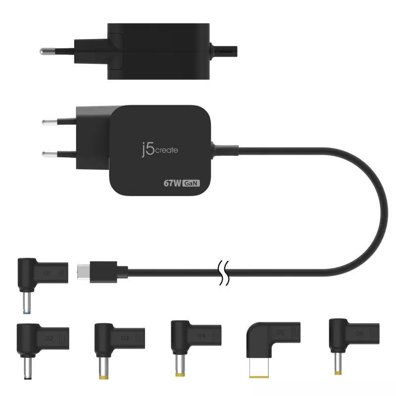 j5create JUP1565DC 67W GaN PD USB-C® minilaadur 6 tüüpi DC-pistikuga – EL, must