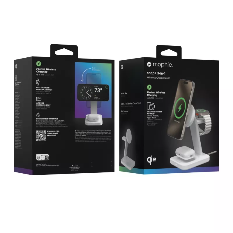 mophie Snap+ 3-in-1 traadita laadimisalus Peakomplekt, nutitelefon, nutikell Valge USB Traadita laadimine Kiirlaadimine Siseruumidesse