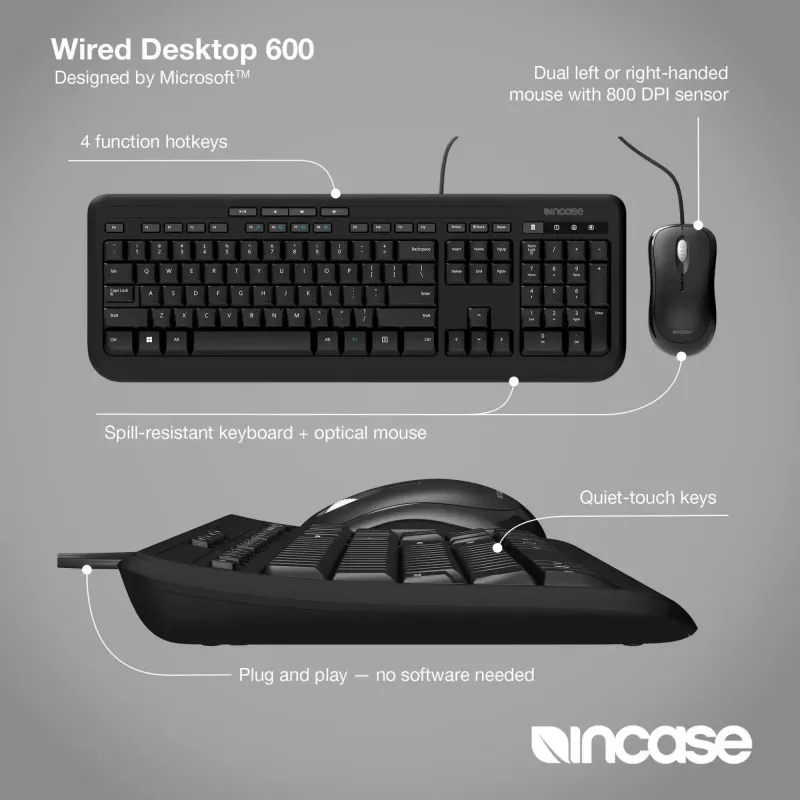 Incase Designed by Microsoft Wired Desktop 600 klaviatuur hiir kaasas universaalne USB QWERTY UK inglise must
