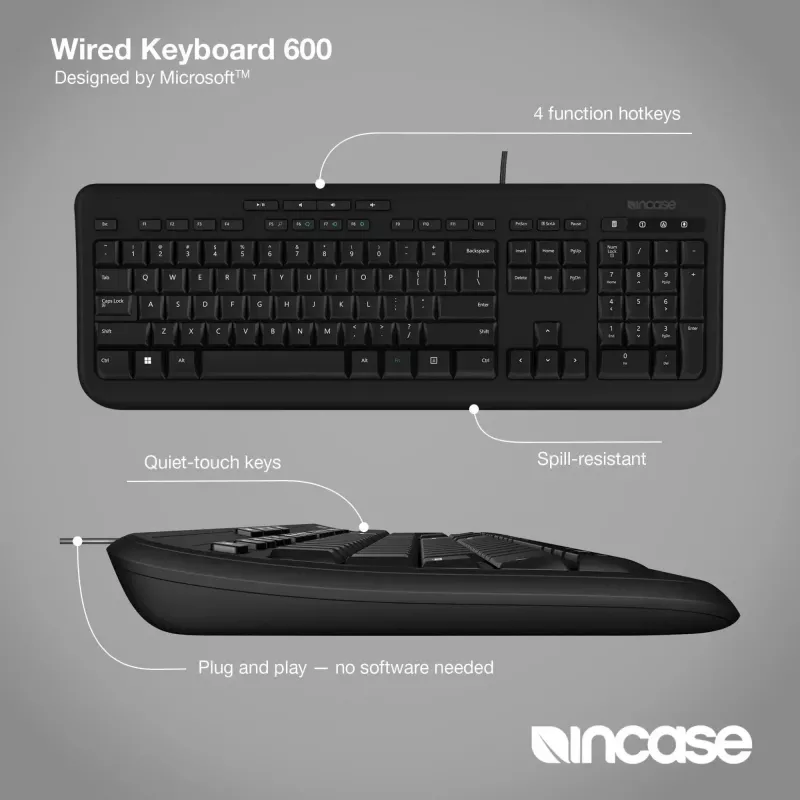 Juhtmega täissuuruses klaviatuur Incase Designed by Microsoft Wired 600 — USB, QWERTY, UK inglise, Must