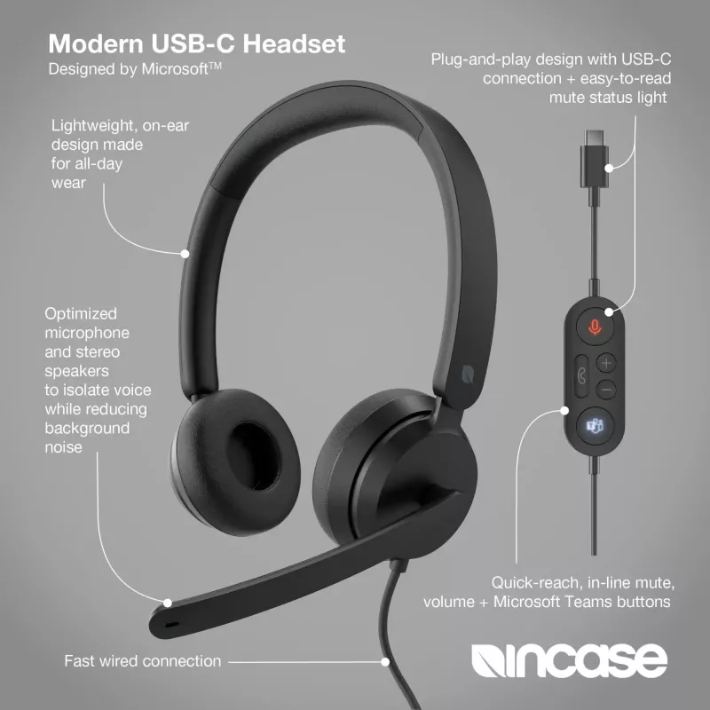 Incase Designed by Microsoft Modern USB-C Peakomplekt Juhtmega Peapael Kontori-/kõnekeskus USB USB-C Must