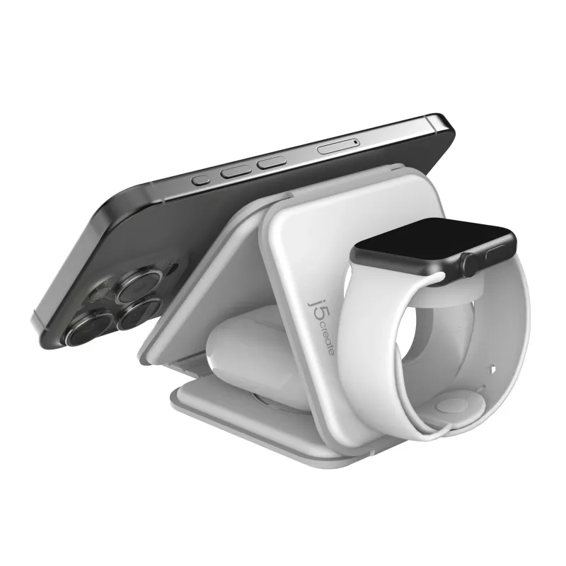 j5create Qi2 3-in-1 Magnetic Travel Wireless Charging Station Indoor USB Fast Charging Valge