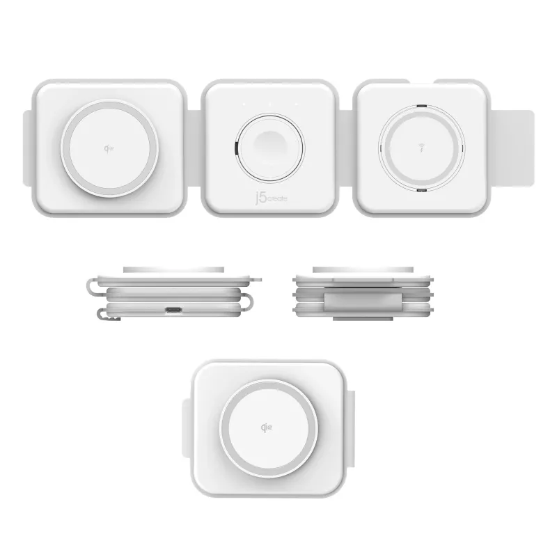 j5create Qi2 3-in-1 Magnetic Travel Wireless Charging Station Indoor USB Fast Charging Valge