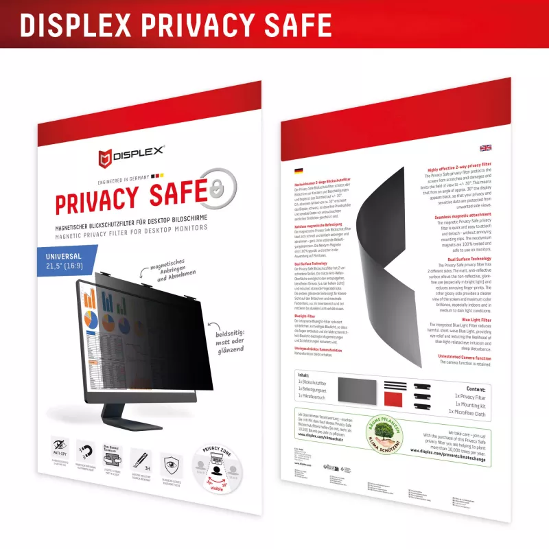 kahepoolne privaatsusfilter Displex PRIVACY SAFE 21,5 tolli 16:9 läikiv/matt