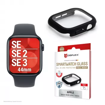 Ekraanikaitse PanzerGlass Displex 10H Apple Watch SE3/SE2/SE (44mm) jaoks — täiskorpus, IP68, klõpsatav, must matt