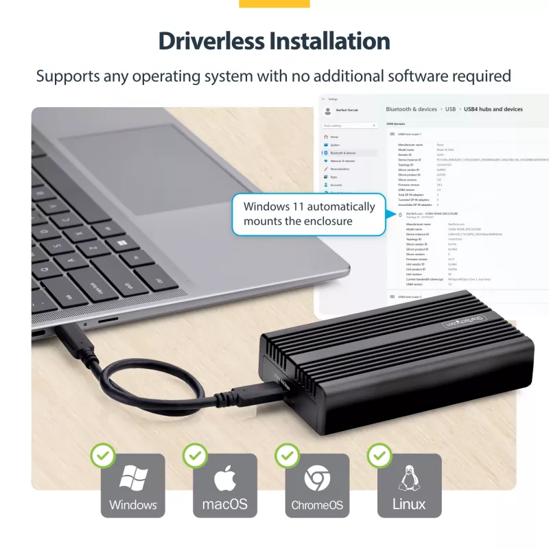 StarTech.com USB4 M.2 NVMe korpus, 40Gbps, väline USB-C/Thunderbolt NVMe SSD korpus, alumiiniumist jahutusradiaatoriga kest, B+M/M-Key