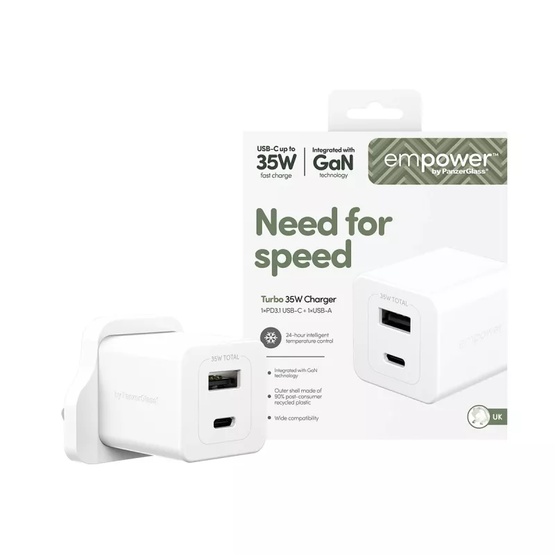 PanzerGlass empower™ by ® Turbo 35W laadija, sisaldab USB-C + USB-A | UK pistik | Hõbevalge