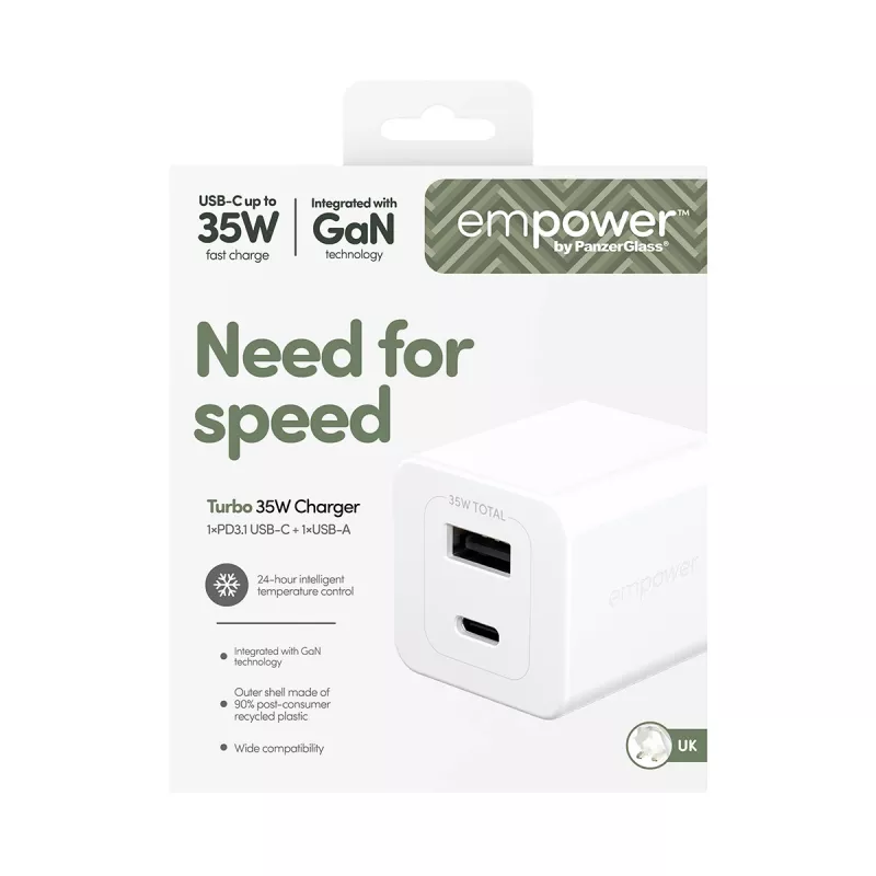 PanzerGlass empower™ by ® Turbo 35W laadija, sisaldab USB-C + USB-A | UK pistik | Hõbevalge