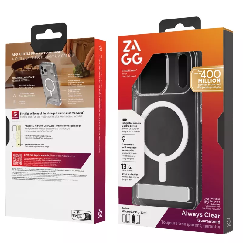 ZAGG Crystal Palace Snap Kickstand ümbris Apple iPhone 17 Pro jaoks, läbipaistev