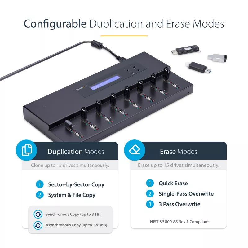 StarTech.com eraldiseisev 1 kuni 15 USB-mälupulga duplikaator ja kustutaja, mitme USB-mälupulga kopeerija, süsteemi ja faili ning kogu ketta kopeerimine kiirusega 1,5 GB/min, ühe- ja kolmekäiguline kustutamine, LCD-ekraan – TAA