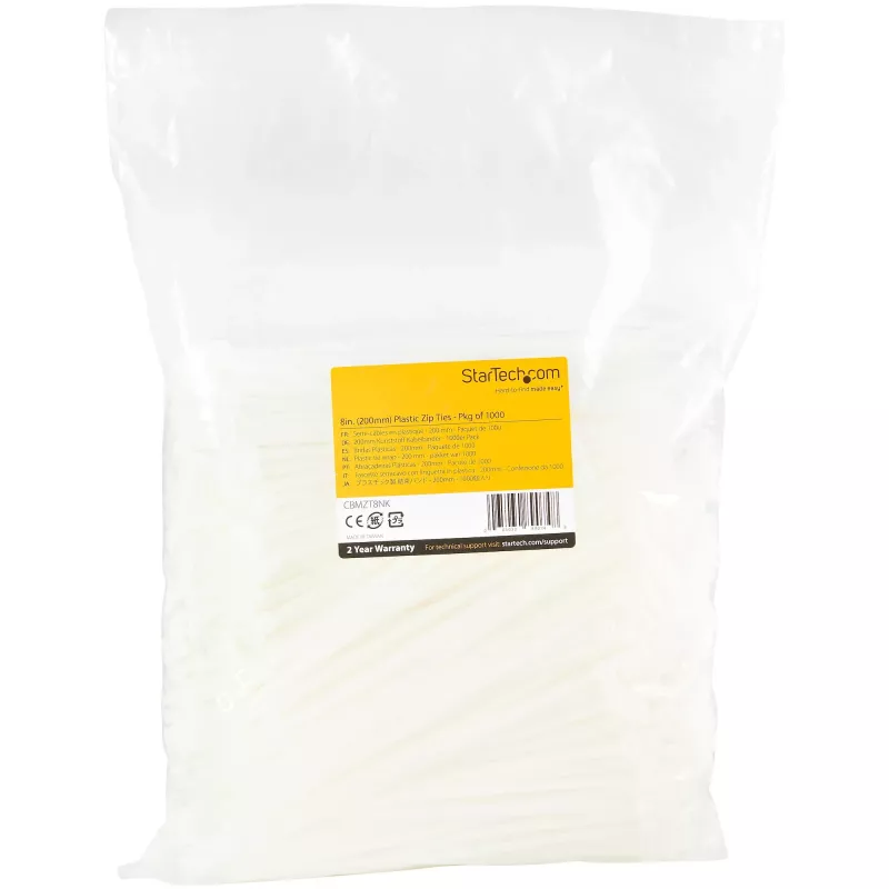 StarTech.com 8 tolli (20 cm) kaablisidemed – 1/8 tolli (4 mm) laiad, 2-1/8 tolli (55 mm) kimbu läbimõõt, 50 naela (22 kg) tõmbetugevus, nailonist iselukustuvad tõmblukuga sidemed kumera otsaga – 94V-2/UL loetletud, 1000 tk pakend – valge