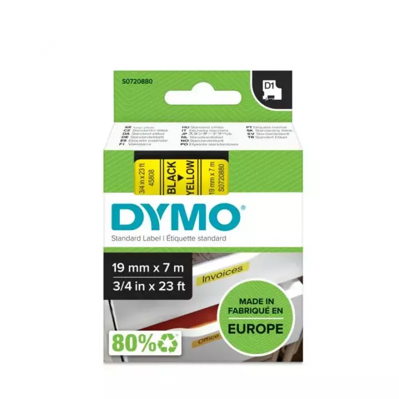 DYMO Authentic D1 sildid | Must trükk kollasel lindil | 19 mm x 7 m | Isekleepuvad sildid LabelManageri sildivalmistajatele | Valmistatud Euroopas
