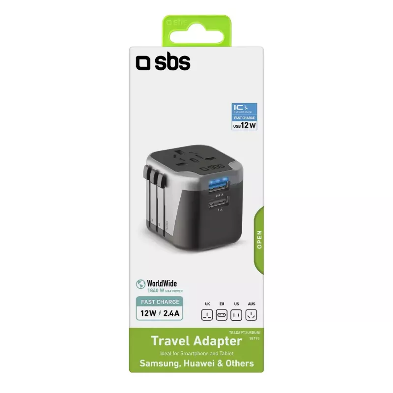 Mobile device charger SBS Mobile TEADAPT2USBUNI — must/hõbedane, USB adapter