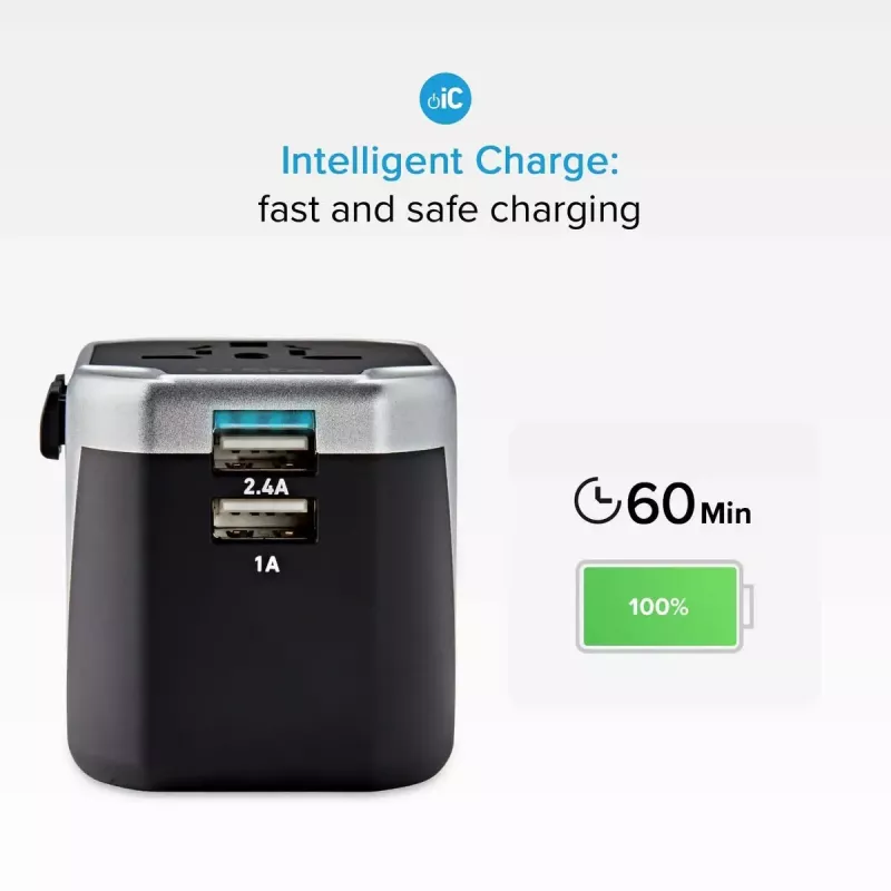 Mobile device charger SBS Mobile TEADAPT2USBUNI — must/hõbedane, USB adapter