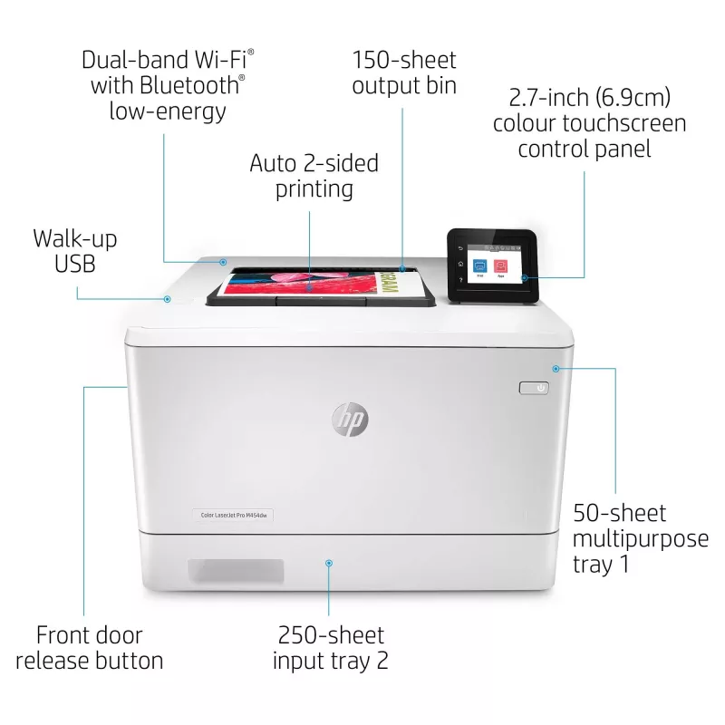 HP Color LaserJet Pro M454dw, Print, esiküljel asuv USB-printimine; kahepoolne printimine