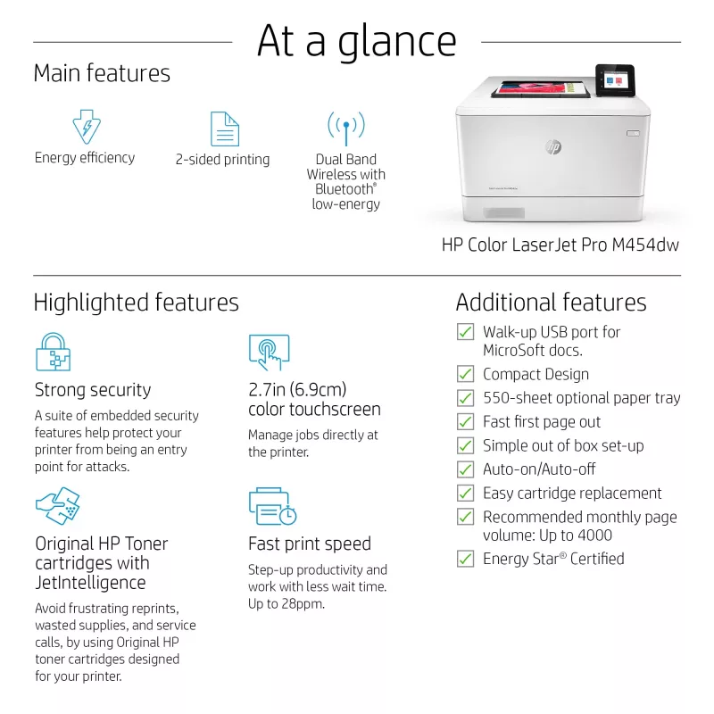 HP Color LaserJet Pro M454dw, Print, esiküljel asuv USB-printimine; kahepoolne printimine