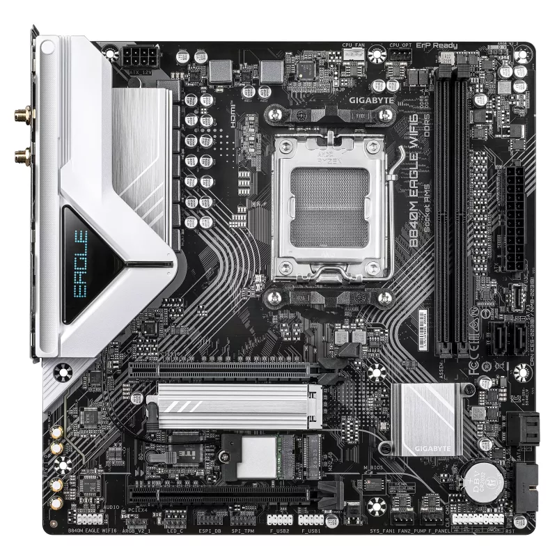 GIGABYTE B840M EAGLE WIFI6 emaplaat - AMD Ryzen 9000 protsessoritele, 5+2+2 faasi VRM, kuni 7600MHz DDR5(O.C), 1xPCIe 4.0 + 1xPCIe 3.0 M.2, Wi-Fi 6, 2.5GbE LAN, USB 3.2 Gen 1
