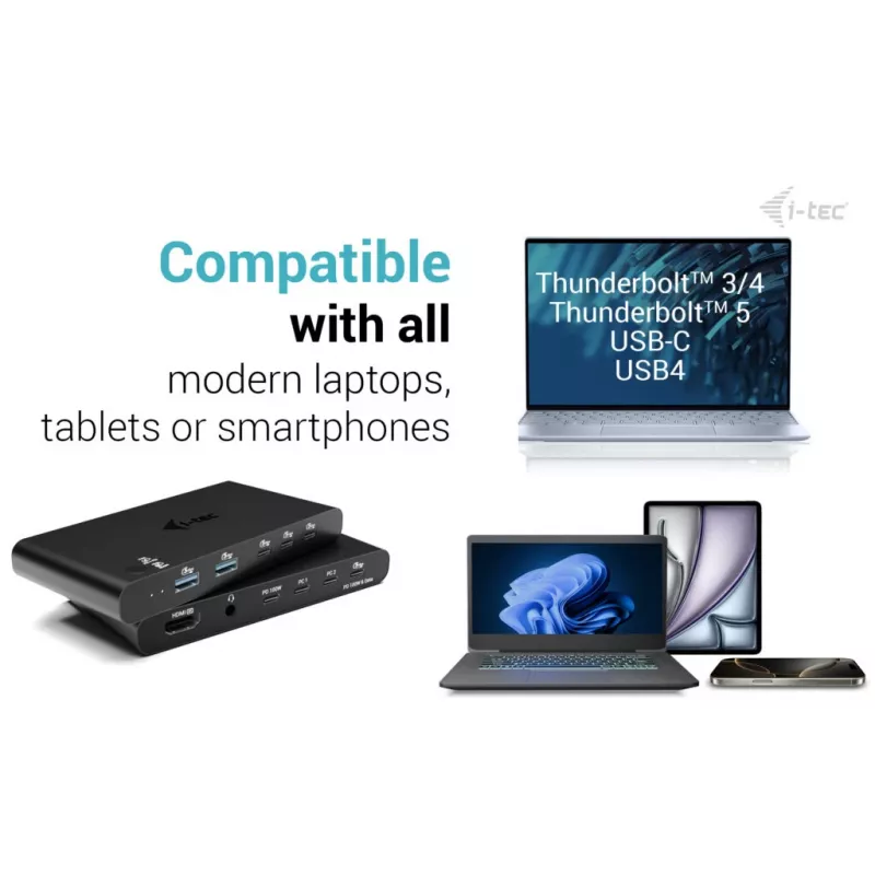 KVM-dokkimisjaam i-tec 2 hostile, HDMI, USB-C hostiliides, PD 2×100 W, 4K@60 Hz, 2×USB-A