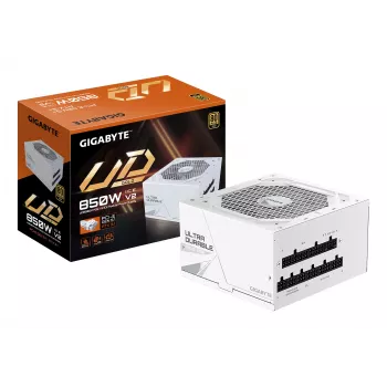 Toiteplokk GIGABYTE UD850GM PG5 V2 ICE — 850 W, PCIe Gen 5.1, 80 PLUS Gold, täismodulaarne, 120 mm ventilaator, ATX 3.1, UK pistik, valge