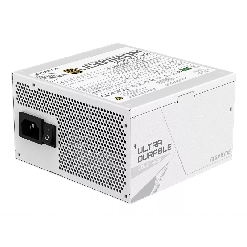 Toiteplokk GIGABYTE UD850GM PG5 V2 ICE — 850 W, PCIe Gen 5.1, 80 PLUS Gold, täismodulaarne, 120 mm ventilaator, ATX 3.1, UK pistik, valge