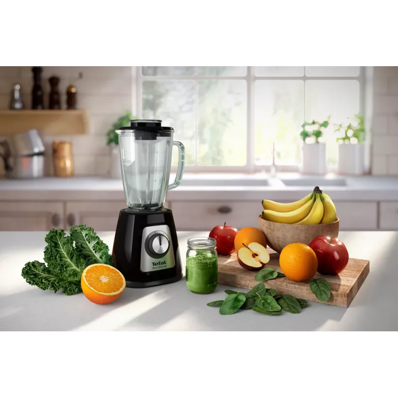 Lauapealne blender Tefal BL4358 — 800 W, 1,25 L klaaskann, jääpurustus, must/harjatud teras
