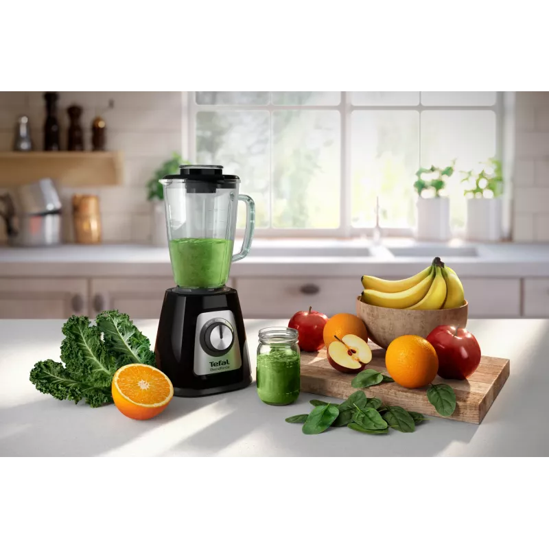 Lauapealne blender Tefal BL4358 — 800 W, 1,25 L klaaskann, jääpurustus, must/harjatud teras